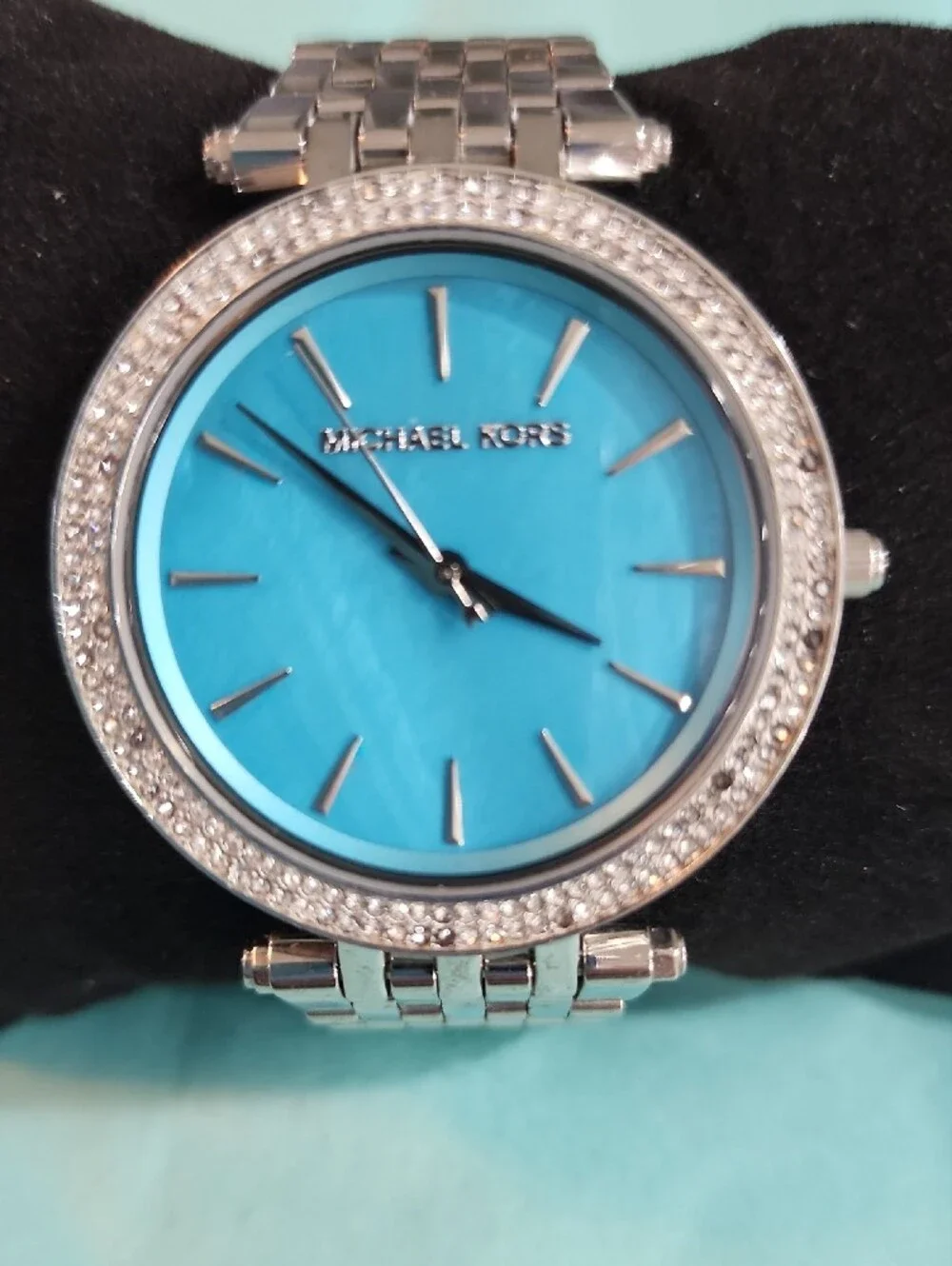 Michael Kors Silver Bracelet Watch with Turquoise Blue Dial and Crystal Bezel